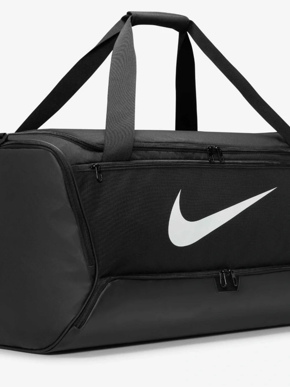 NWT Nike Black Duffel Bag with White Swoosh and Logo Strap
